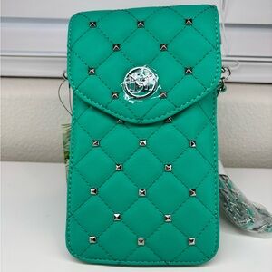 Badgley Mischka Crossbody Phone Case W/ Diamond Quilting & Studs In Green